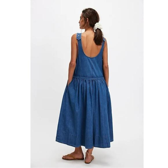 Free People Retro 90s Soraya Light Denim Sky Drop Waist Midi Jumper Dress Medium - Picture 2 of 13